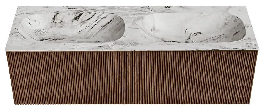 Mondiaz Kurve-dlux 140cm badmeubel walnut met 2 lades en wastafel stor small dubbel 2 kraangaten glace