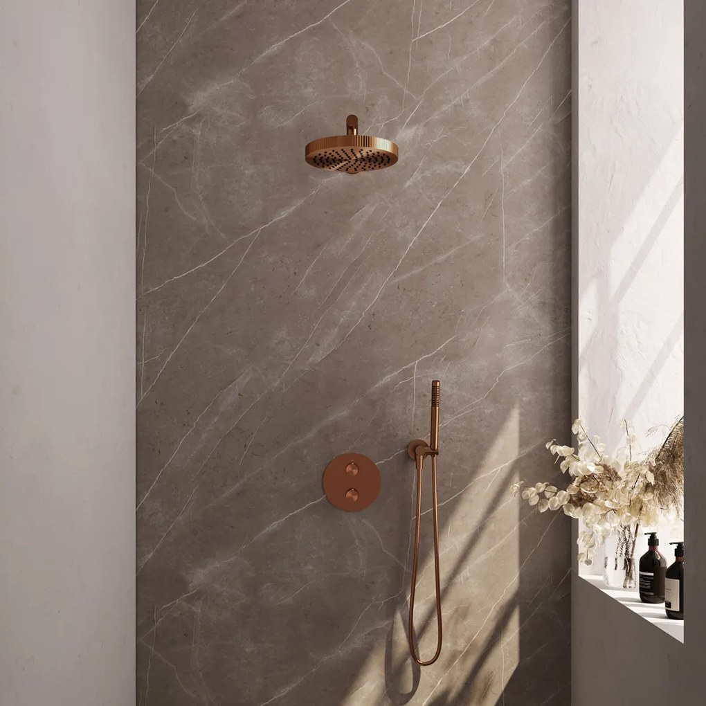 Brauer Stripe inbouw regendouche rond met 25cm hoofddouche, rechte muurarm en staafhanddouche set 37 koper geborsteld PVD