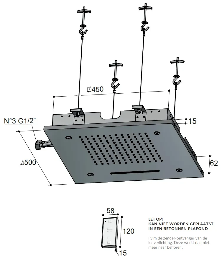 Hotbath Mate M146 inbouw hoofddouche met LED, waterval en spray 50cm geborsteld nikkel