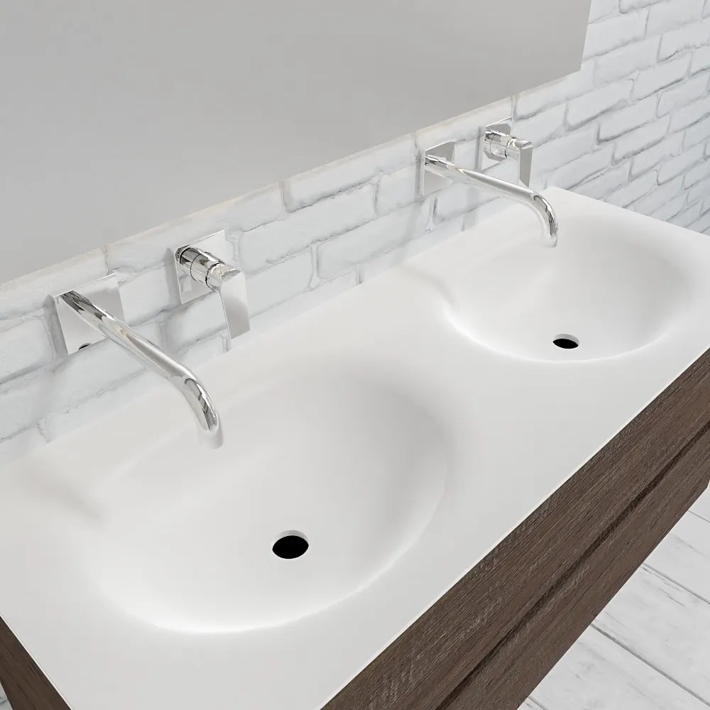 Zaro Sevilla Solid Surface badmeubel 120cm donker eiken zonder kraangat dubbele spoelbak met 2 lades