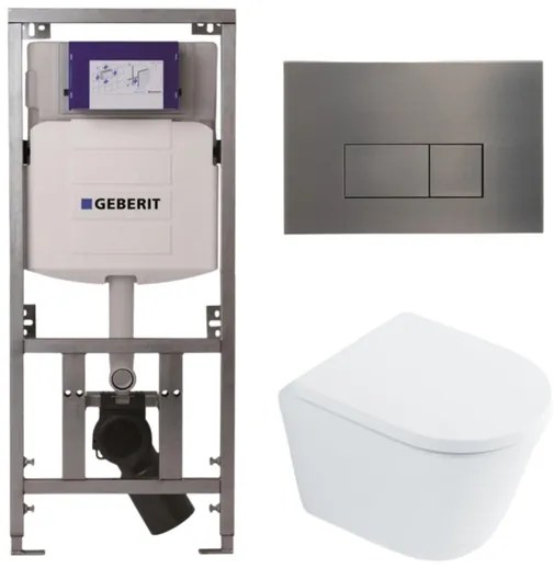 QeramiQ Dely Toiletset - 36.3x51.7cm - diepspoel - rimless - Geberit UP320 inbouwreservoir - met Burda frame - softclose toilet zitting 35 mm - gunmetal bedieningsplaat - rechthoekige knoppen - wit glans SW1026255 / SW1159505/0701131/SW706199