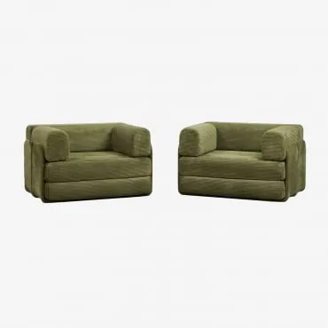 Pack Van 2 Slaapfauteuils Van Fluweel, Vacuüm Verpakt Kyoto Corduroy Army Groen - Sklum