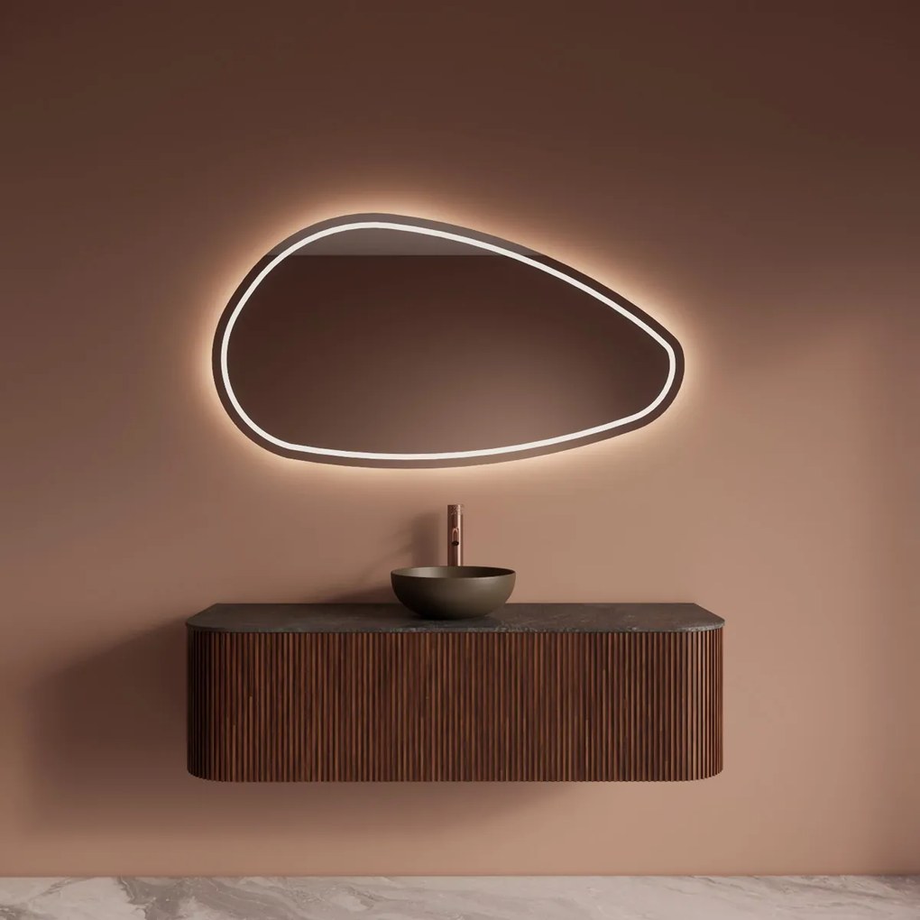 Gliss Design Alluro badmeubel ribbelfront met ronding links/rechts 140cm walnut en zwart leisteen toppaneel
