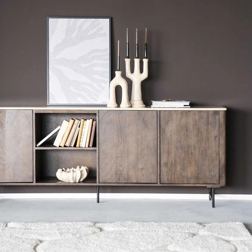 Dressoir Donker Hout Met Travertin Blad - 200x41x75cm.