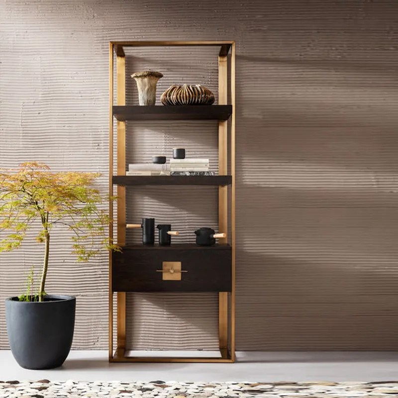 Open Wandkast Messing Met Hout - 82.4x45x210cm.