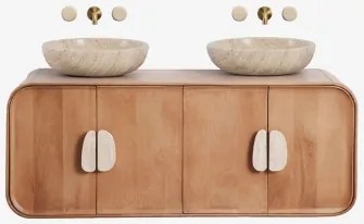 Dubbel Zwevend Badkamermeubelset 130x45 Cm Van Mangohout En Natuurlijke Kivalina-steen Travertijn - Mangohout & 2 X Ronde Travertijn Ø40 Cm Eskel -