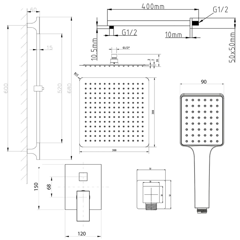 Sapho Cubemix inbouw regendouche vierkant 30cm met wandarm, handdouche en glijstang goud mat