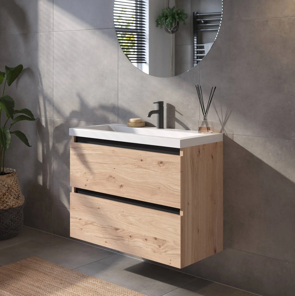 Saqu Gaia ondiep badmeubel incl. glans witte wastafel 80x40x64cm naturel eiken – zwarte greeplijst