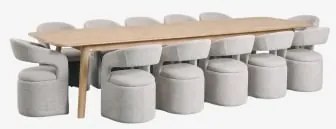 Set Uittrekbare Tafel 220-320x95 Cm Eikenhout Treveris En 12 Stoelen Met Armleuningen In Bouclé Stof Jules Eikenhout - Sklum