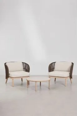 Woonkamerset Met 2 Stoelen Van Gevlochten Touw Capri En Salontafel Van Acaciahout Olivia Bruin – Chocolade - Sklum