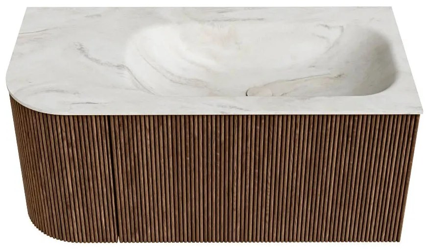 Mondiaz Kurve-dlux 95cm badmeubel ronding links walnut met 1 lade en deur en wastafel big small kraangat rechts ostra