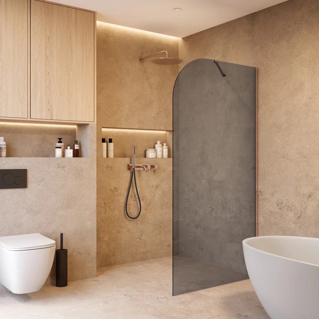 Saniclear Dawn afgeronde inloopdouche 120cm geborsteld koper met rookglas