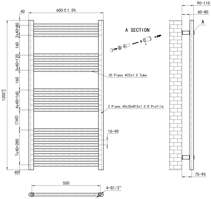 Eastbrook Wendover handdoekradiator 60x120cm 537W RVS gepolijst