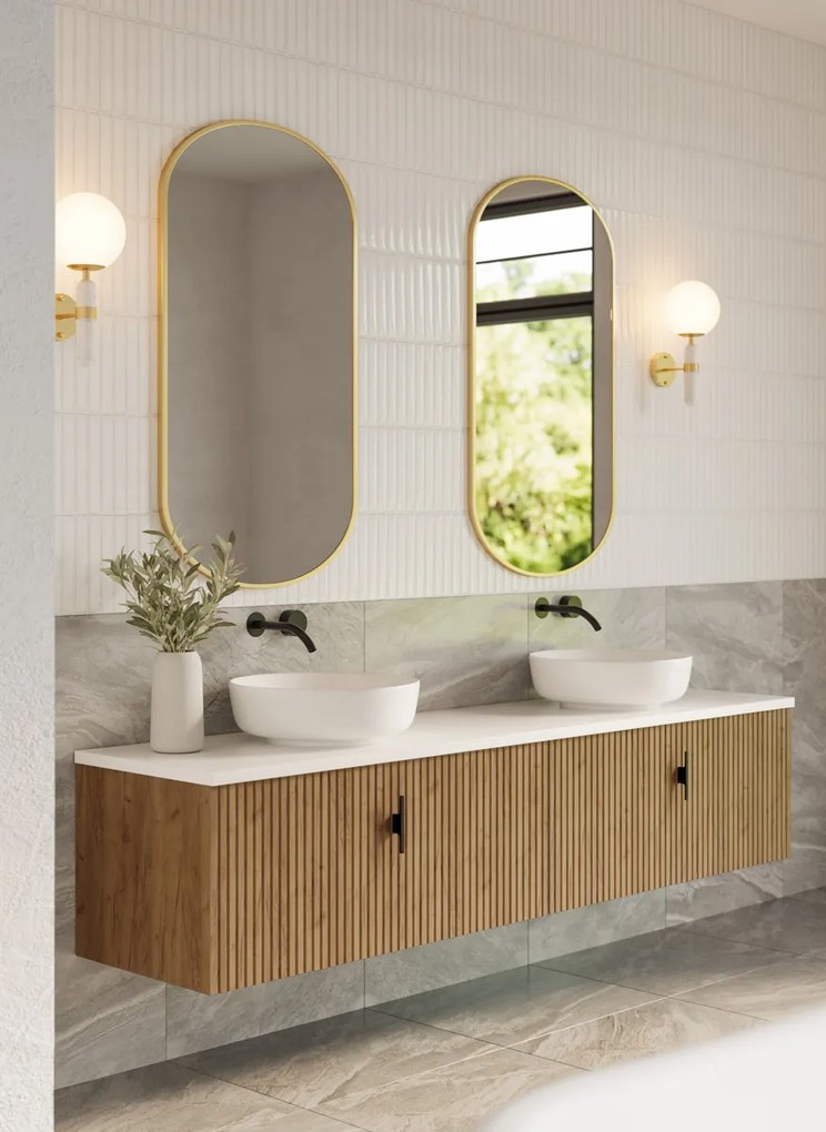 Muebles Ezra badmeubel ribbelfront 200cm warm eiken met wit toppaneel zonder waskom