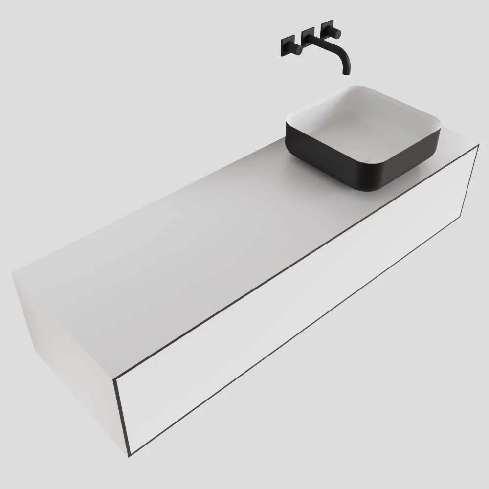 Zaro Lagom volledig naadloos solid surface onderkast met topblad 140cm mat zwart met 1 lades Push tot open. Compleet met solid surface opzetkom met 0 kraangat(en)