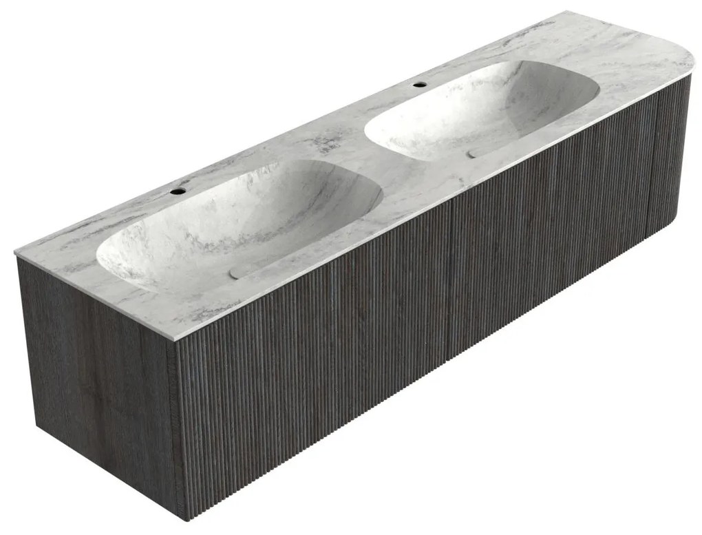 Mondiaz Kurve-dlux 175cm badmeubel ronding rechts shadow met 2 lades en 1 deur en wastafel stor small dubbel/links 2 kraangaten opalo