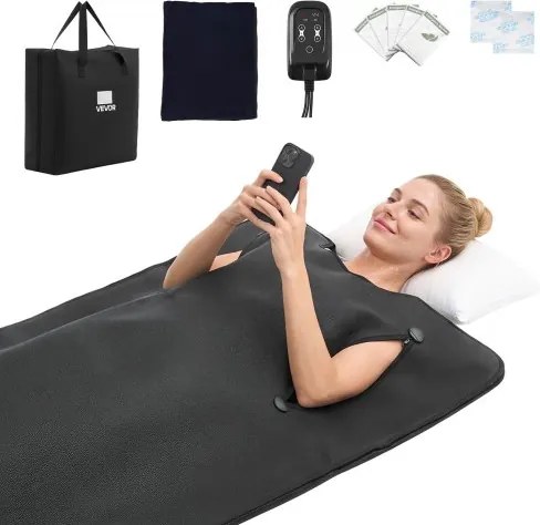 VEVOR infrarood saunadeken met armgaten, 180x90cm, zwart, draagbare verwarmde deken voor zweten, ontspanning, detox, temperatuurregeling, timer, handdoekvoering, PU-leer, met draagtas