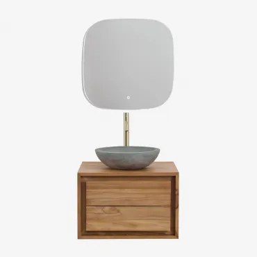 Jabari Teakhouten Badkamermeubelset Teakhout & Rond Grijs Cement Ø40 Cm Tarsis & Vierkant Led En Anticondens 75x75 Cm Riben & Goud - Sklum