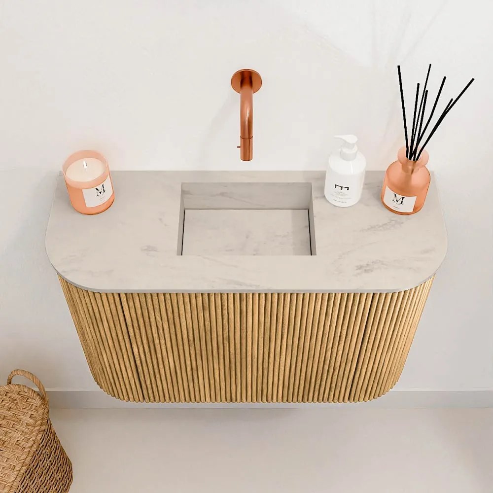 Mondiaz Joya DLux 65cm toiletmeubel ronding links/rechts oak met wastafel faye midden zonder kraangat opalo