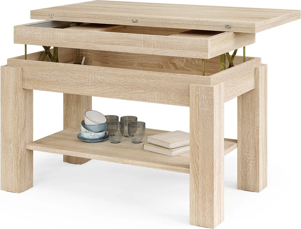 BRAVO sonoma eiken – uitschuifbare en in hoogte verstelbare salontafel, tafel met plank