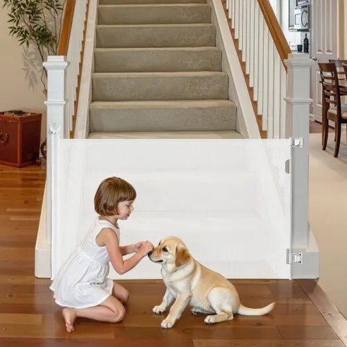 VEVOR Intrekbaar babyhekje, hondenhekje, uitschuifbaar tot 185 cm breed / 795 mm hoog, traphekje met veiligheidsslot, gaasveiligheidshekje voor trappen en gangen, binnen/buiten, wit