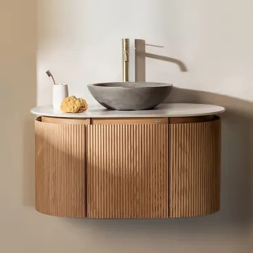 Carsone Hangend Badkamermeubelset Van Hout Natuurlijk Hout & Zonder Extra Eenheid & Rond Grijs Cement Ø40 Cm Tarsis & Spiegelloze & Goud - Sklum