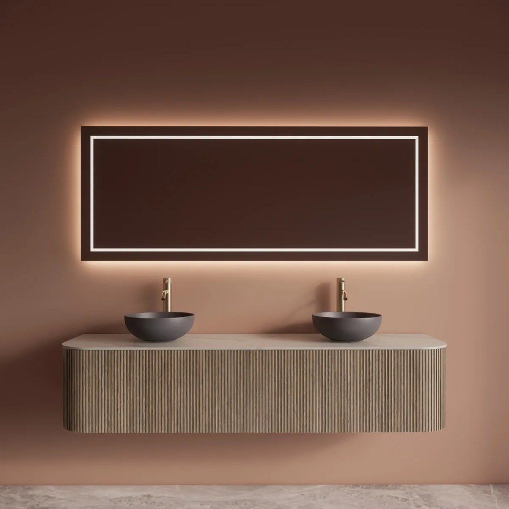 Gliss Design Alluro badmeubel ribbelfront met ronding links/rechts 180cm corn silk en wit marmer toppaneel