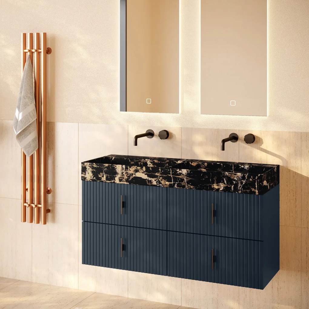 Muebles Murcia badmeubel ribbelfront 120cm marine blauw met Portoro Gold wastafel zonder kraangaten
