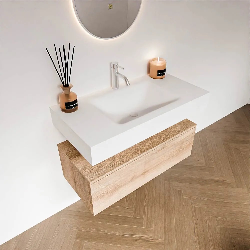Zaro Alan badmeubel 90cm washed oak 1 lade met vrijhangende wastafel cloud midden 1 kraangat talc