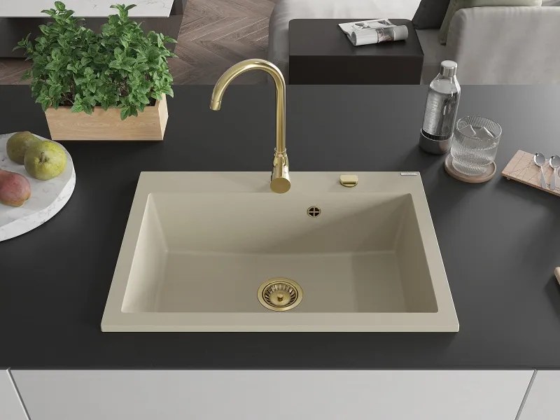 Mexen Elix granieten spoelbak 1-kamer 700 x 500 mm, beige, gouden sifon - 6526701005-69-G