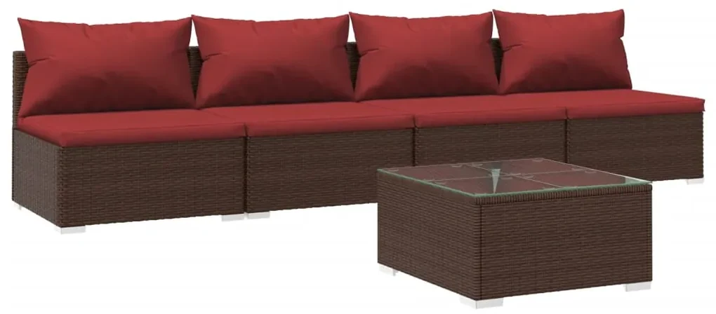 vidaXL 5-delige Loungeset met kussens poly rattan bruin