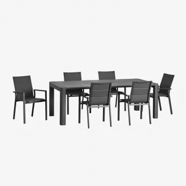Rechthoekige 180x100 Cm Arnadine Tafelset En 6 Stapelbare Karena Aluminium Tuinstoelen Grijs – Grafiet - Sklum