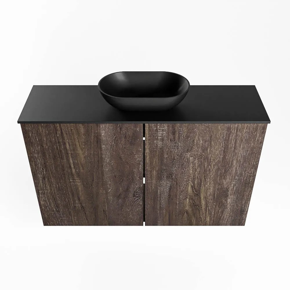 Mondiaz Fowy toiletmeubel 80cm dark brown met zwarte waskom midden en kraangat