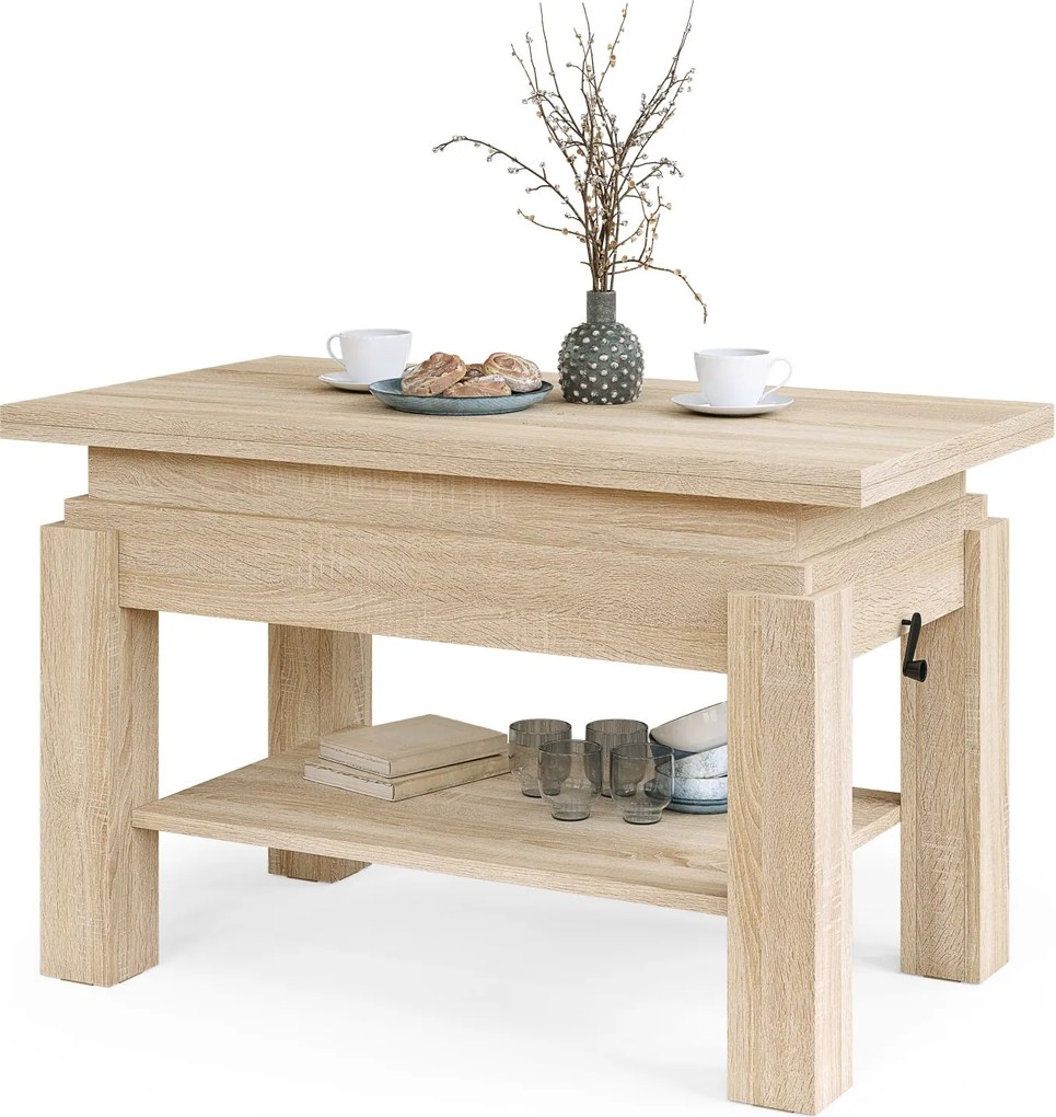 BRAVO sonoma eiken – uitschuifbare en in hoogte verstelbare salontafel, tafel met plank