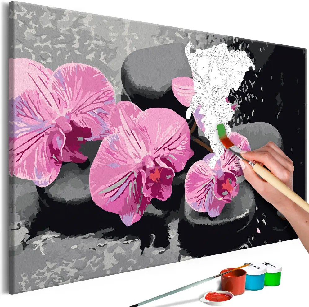 Doe-het-zelf op canvas schilderen - Orchidee met Zen Stenen 60x40