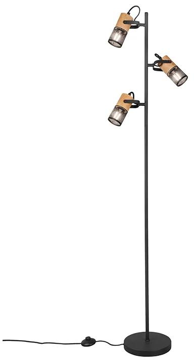 Industriële vloerlamp zwart met hout 3-lichts - Manon Industriele / Industrie / Industrial E14 Binnenverlichting Lamp