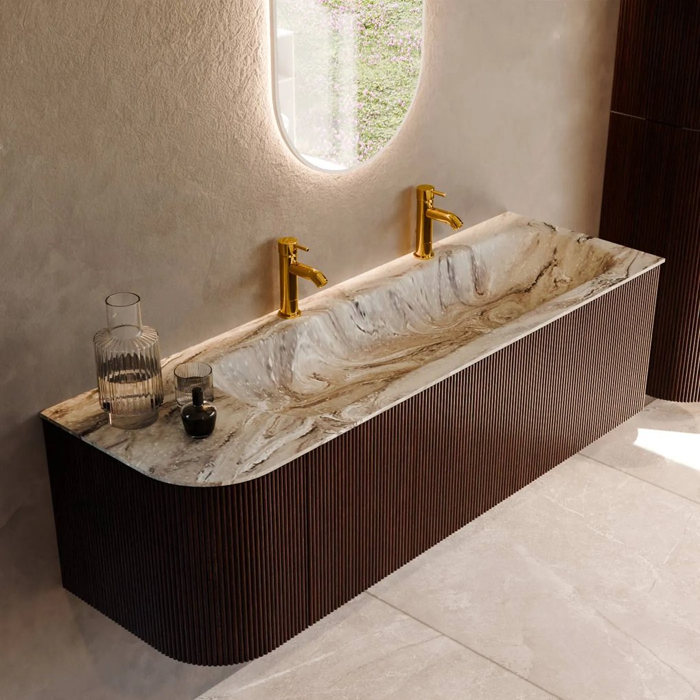 Mondiaz Kurve-dlux 145cm badmeubel ronding links ruby met 1 lade en deur en wastafel big large rechts 2 kraangaten glace