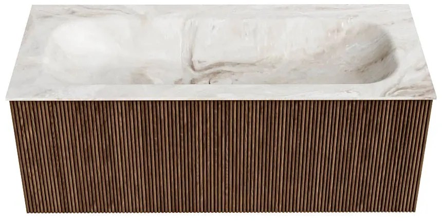 Mondiaz Kurve-dlux 110cm badmeubel walnut met 1 lade en wastafel big medium midden zonder kraangat frappe