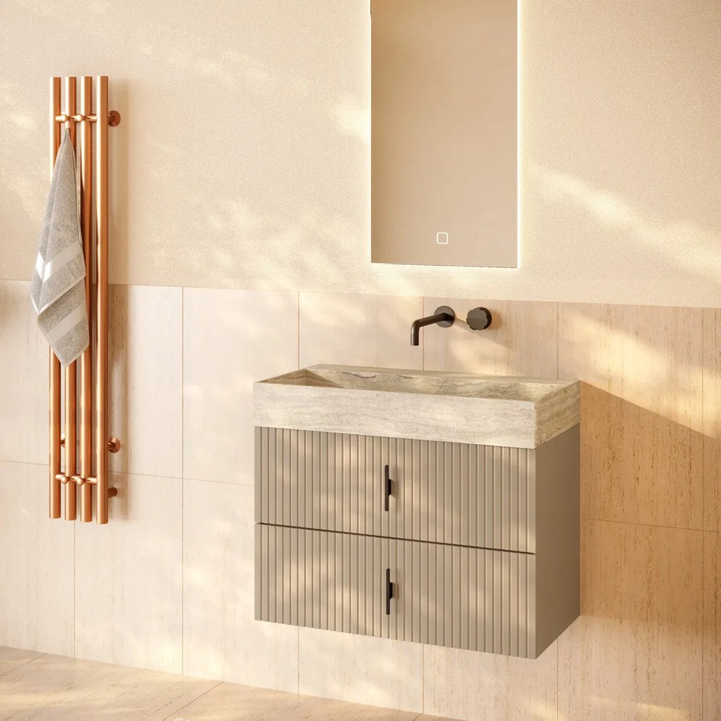 Muebles Murcia badmeubel ribbelfront 80cm macchiato met White Travertin wastafel zonder kraangat