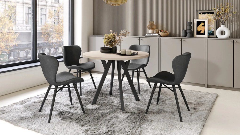 ALDO 100 Beige/Zwarte poten - RONDE LOFT/INDUSTRIËLE TAFEL VOOR WOONKAMER/EETKAMER, UITSCHUIFBAAR
