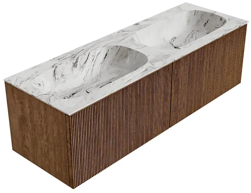 Mondiaz Kurve-dlux 140cm badmeubel walnut met 2 lades en wastafel stor small dubbel zonder kraangat glace