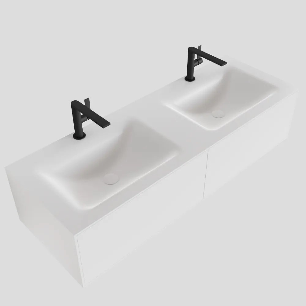 Zaro Lagom volledig naadloos solid surface onderkast 130cm mat wit met 2 lades Push tot open. Compleet met solid surface wastafel met 2 kraangat(en)