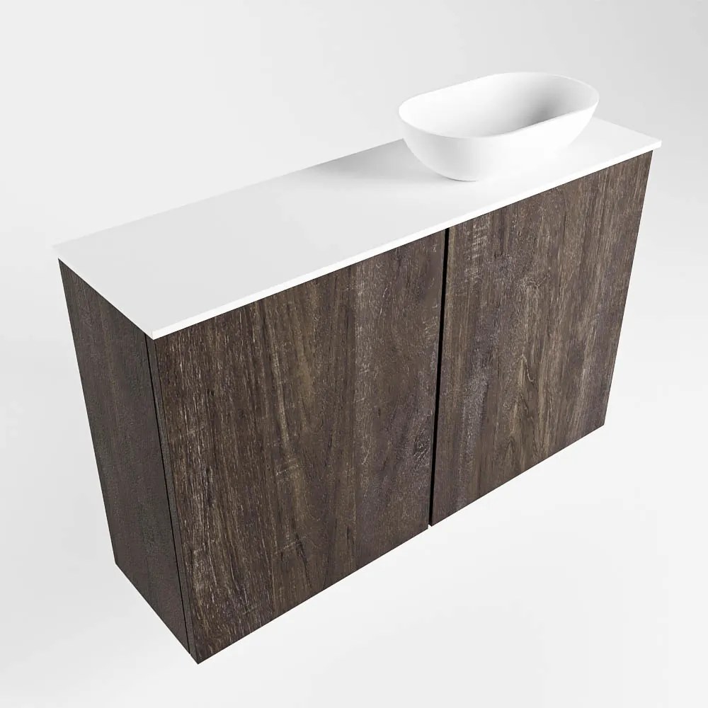 Mondiaz Fowy toiletmeubel 80cm dark brown met witte waskom rechts en kraangat