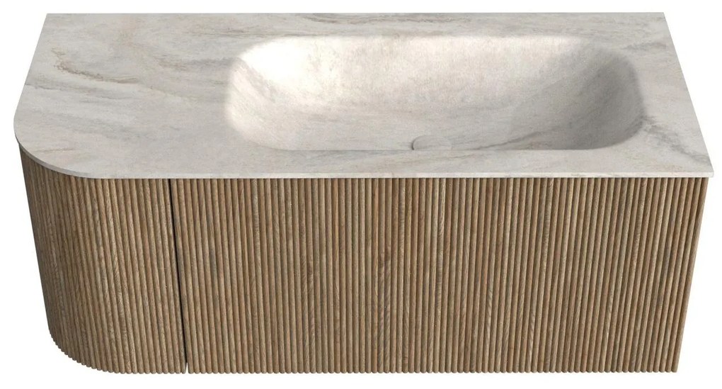 Mondiaz Kurve-dlux 105cm badmeubel ronding links dusk met 1 lade en deur en wastafel big small rechts zonder kraangat ostra