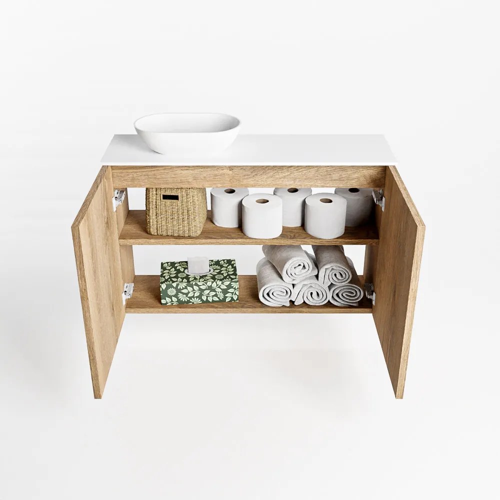 Mondiaz Fowy toiletmeubel 80cm washed oak met witte waskom links en kraangat