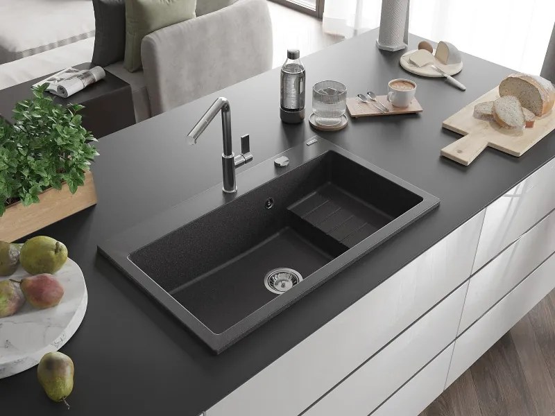 Mexen Omar granieten gootsteen, 1-komors, 800 x 480 mm, zwart gespikkeld, sifon chroom - 6520801005-76