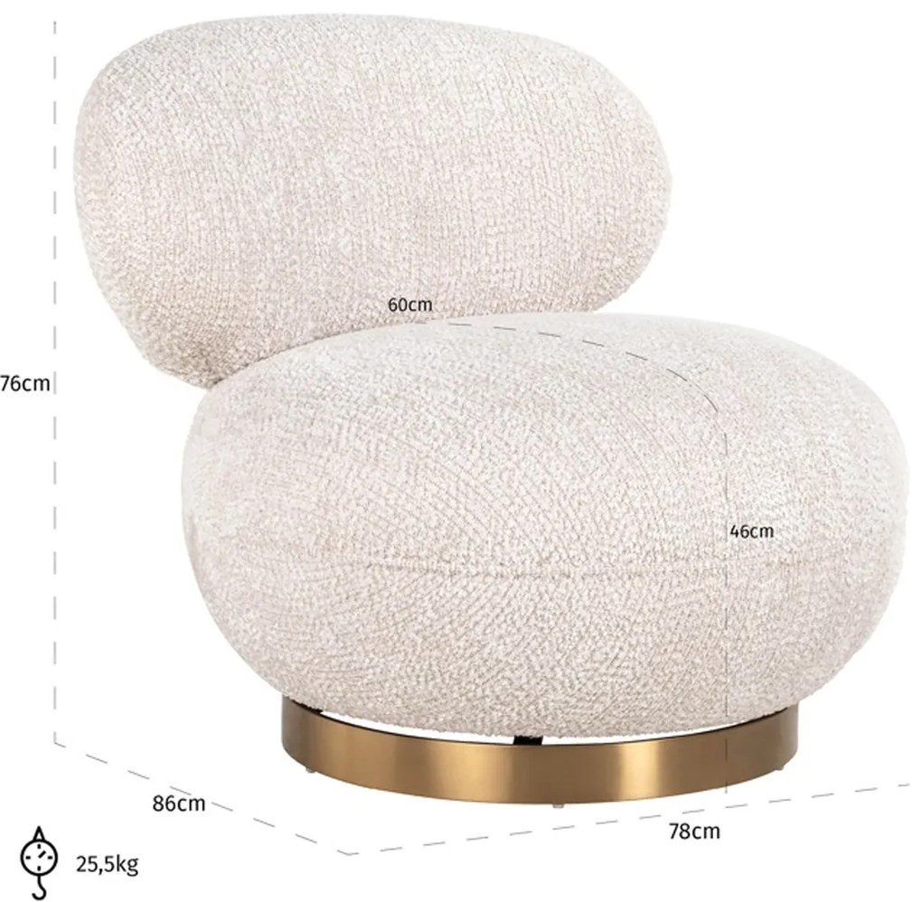 Richmond Interiors Jace Ronde Fauteuil Creme Met Goud Draaibaar