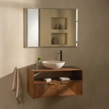 Baty Mangohouten Badkamermeubelset Mangohout & Rond Cement Wit Ø40 Cm Zavion & Rechthoekige Led En Anticondens 100x70 Cm Riben & Zwart - Sklum