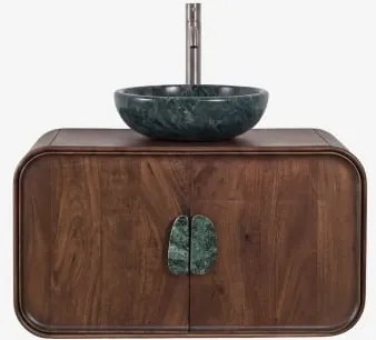 Hangend Badkamermeubelset 95x45 Cm Van Mangohout En Natuurlijke Kivalina-steen Spiegelloze & Geborsteld Grijs ↑30 Cm Met Aftapkraan Zonder Overloop Or