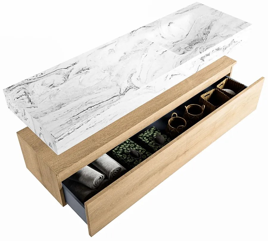 Mondiaz Alan DLux badmeubel 150cm washed oak 1 lade met wastafel glace rechts zonder kraangat